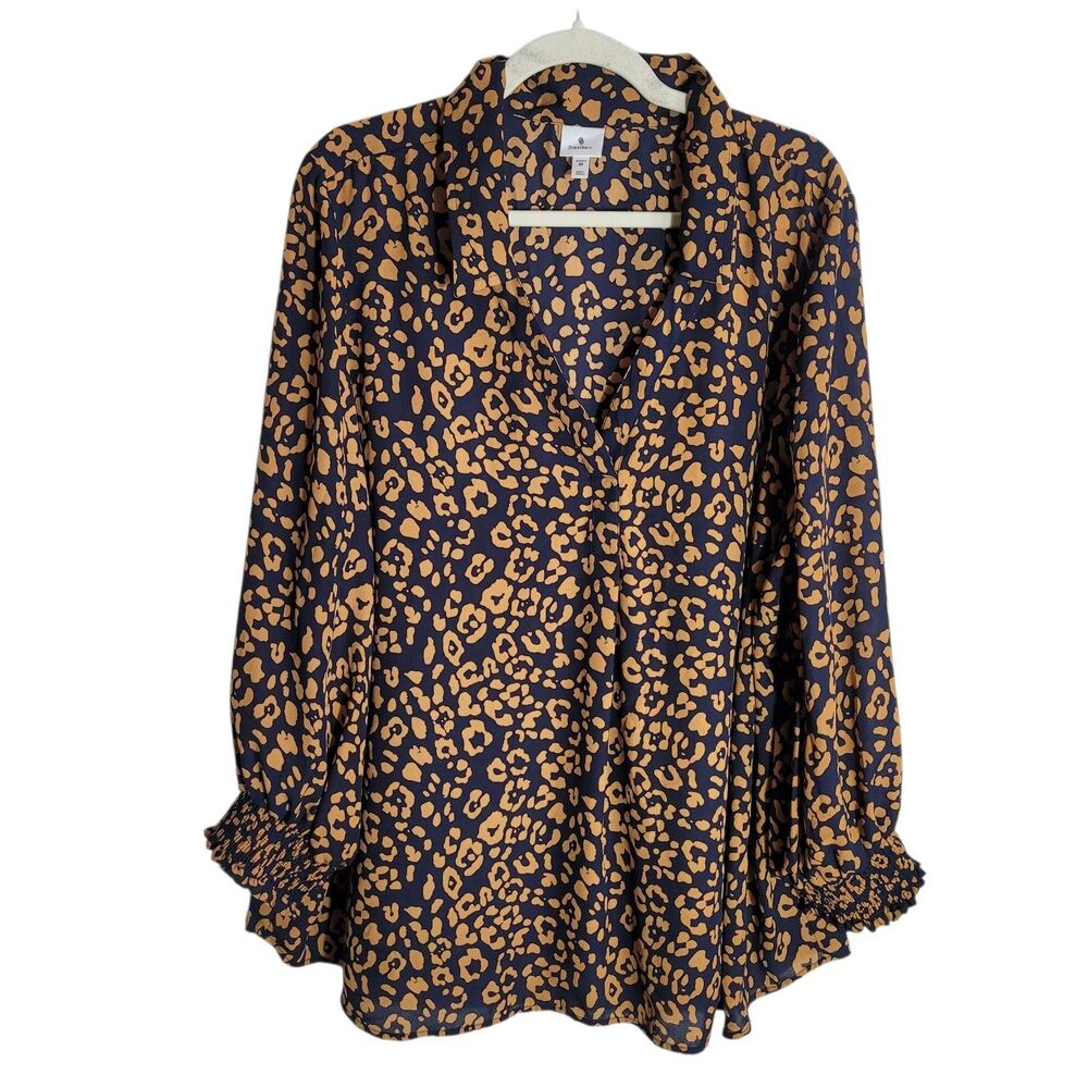 Dressbarn Cheetah Print Blouse Women's 3X Blue Orange Lightweight Bishop Sleeve